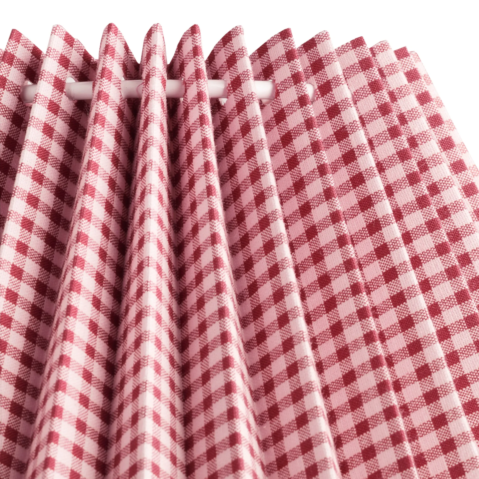 14cm tall tapered folded shade in maroon and cream gingham