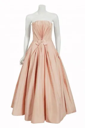 1950's Mingolini Guggenheim Couture Pink Pleated Silk Strapless Gown