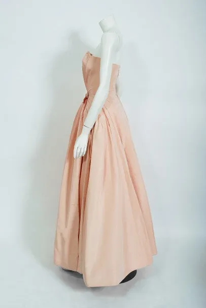 1950's Mingolini Guggenheim Couture Pink Pleated Silk Strapless Gown