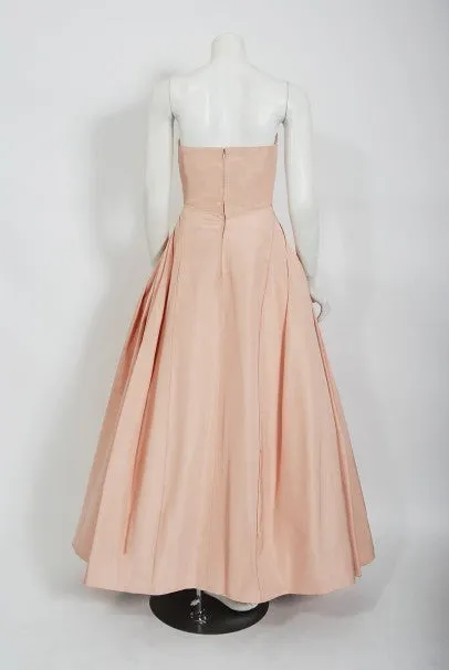 1950's Mingolini Guggenheim Couture Pink Pleated Silk Strapless Gown