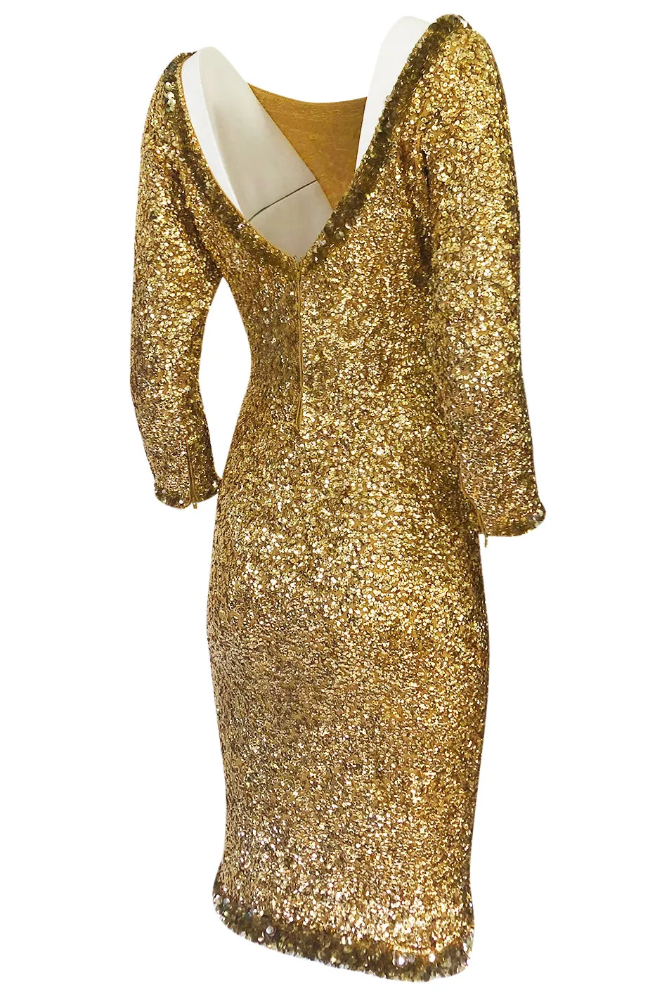 1960s Gene Shelly Gold Sequin w Paillette Detailing Stretch Knit Dress