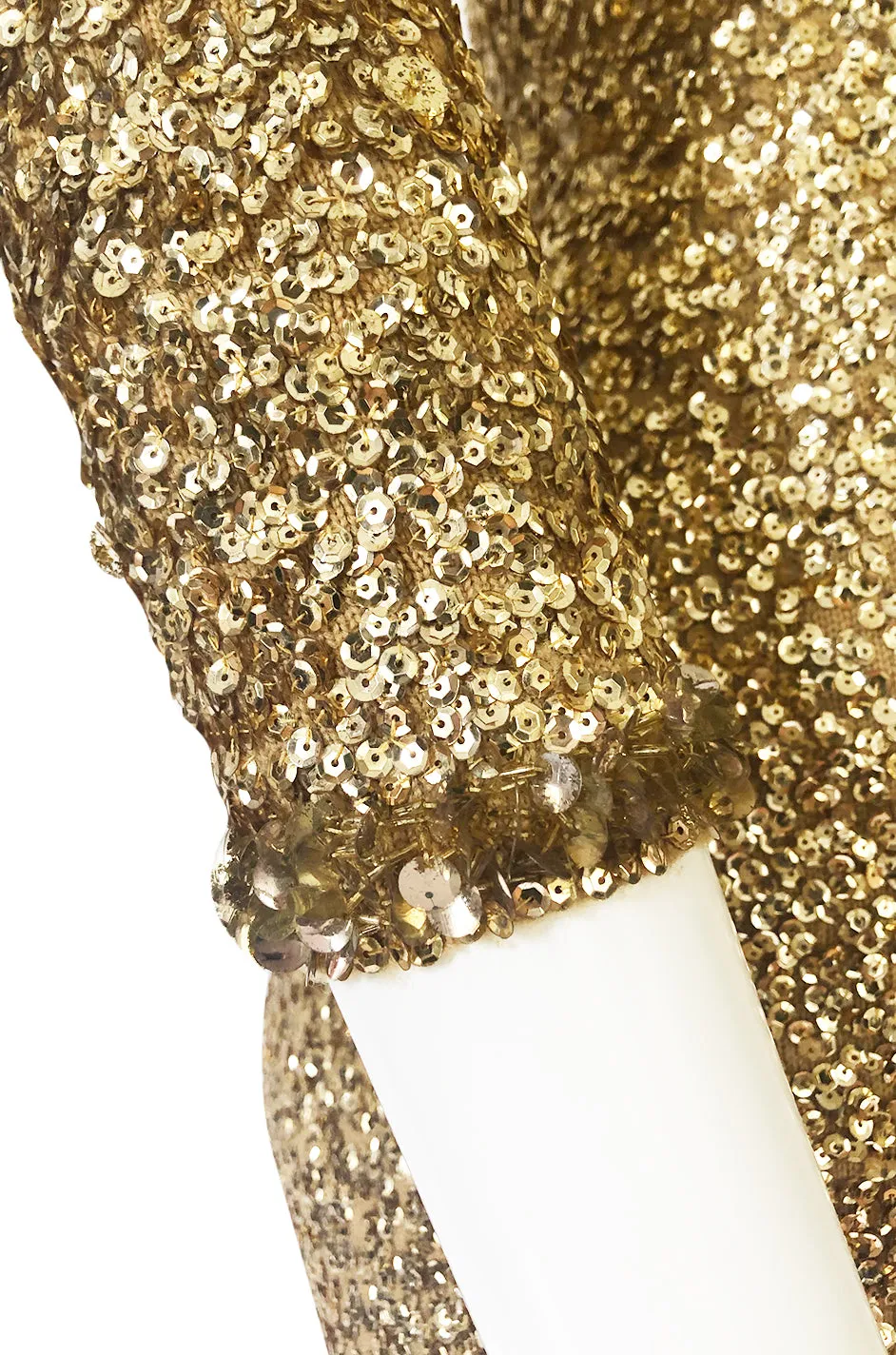 1960s Gene Shelly Gold Sequin w Paillette Detailing Stretch Knit Dress