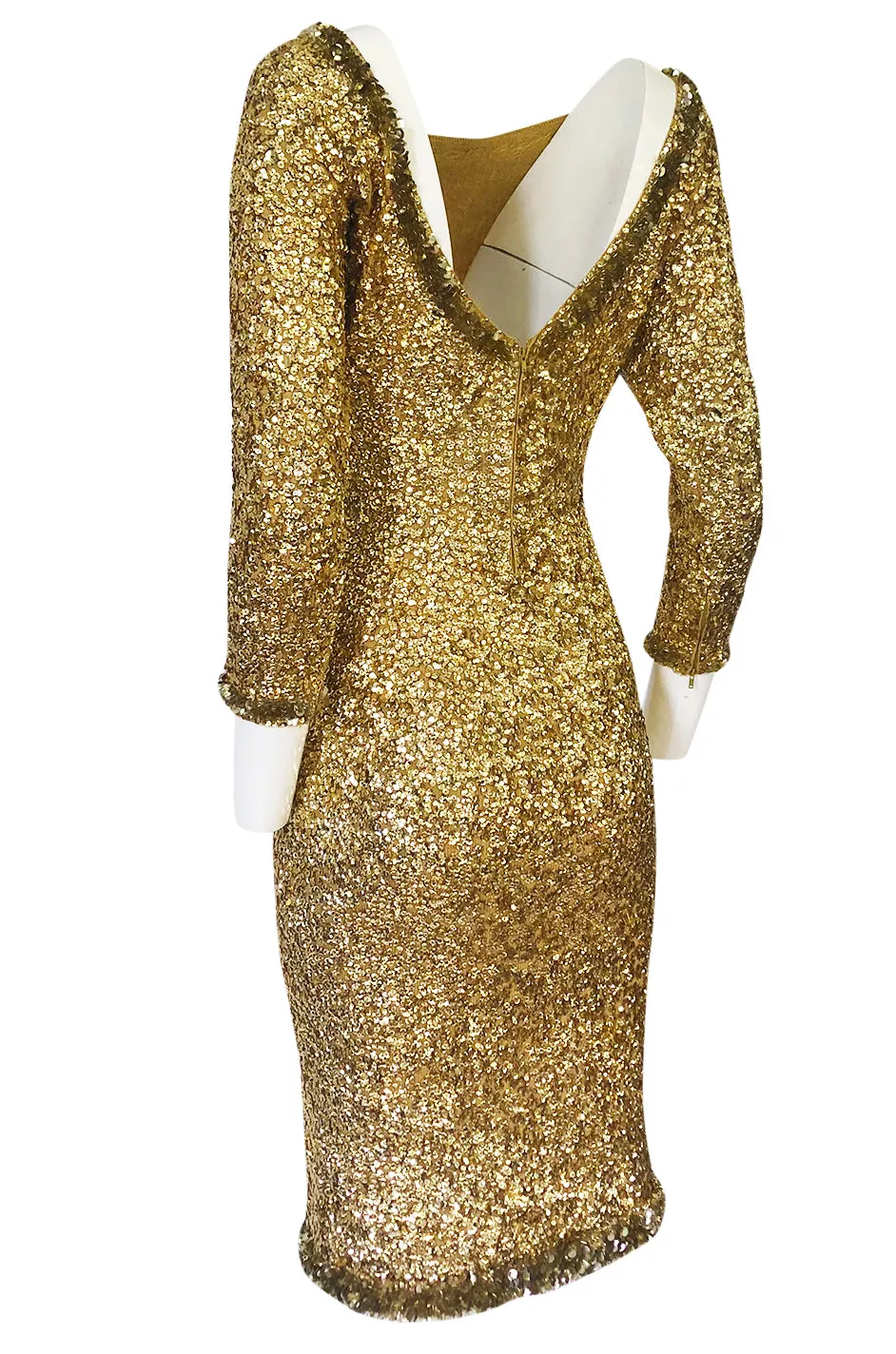 1960s Gene Shelly Gold Sequin w Paillette Detailing Stretch Knit Dress