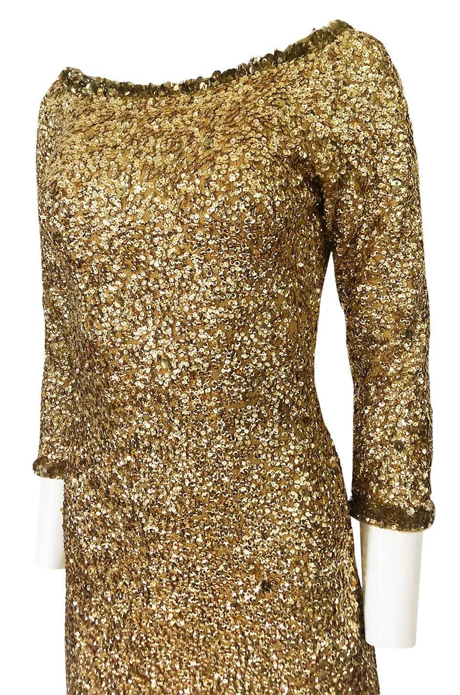 1960s Gene Shelly Gold Sequin w Paillette Detailing Stretch Knit Dress