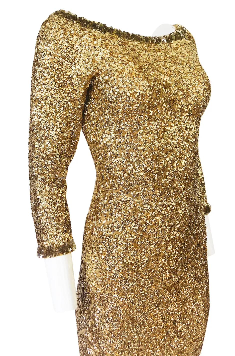 1960s Gene Shelly Gold Sequin w Paillette Detailing Stretch Knit Dress