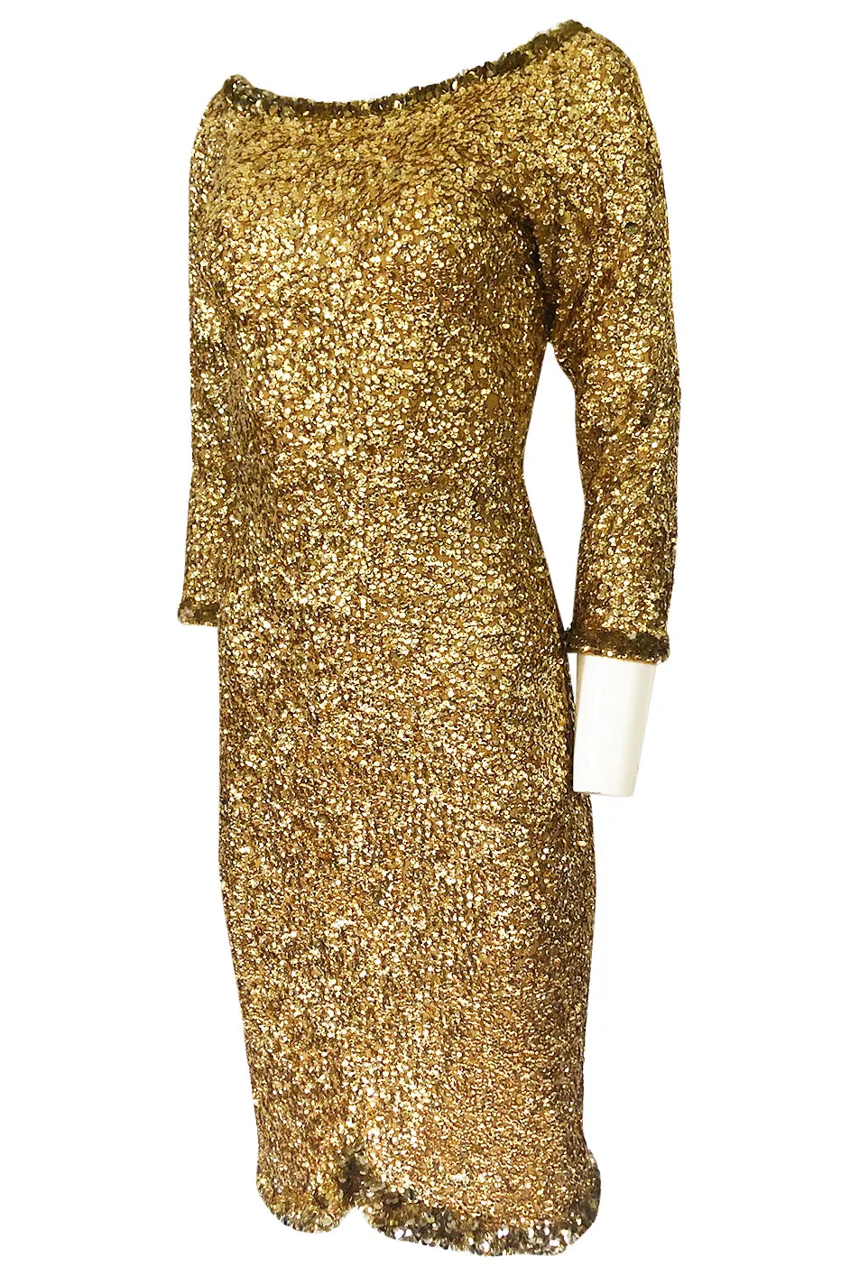 1960s Gene Shelly Gold Sequin w Paillette Detailing Stretch Knit Dress