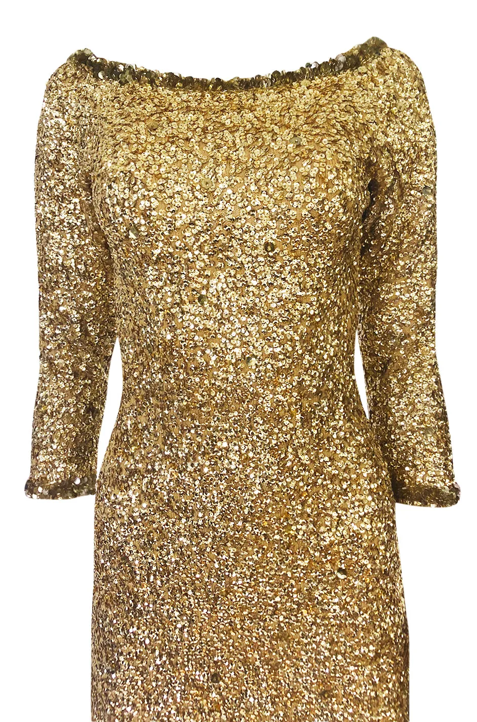 1960s Gene Shelly Gold Sequin w Paillette Detailing Stretch Knit Dress