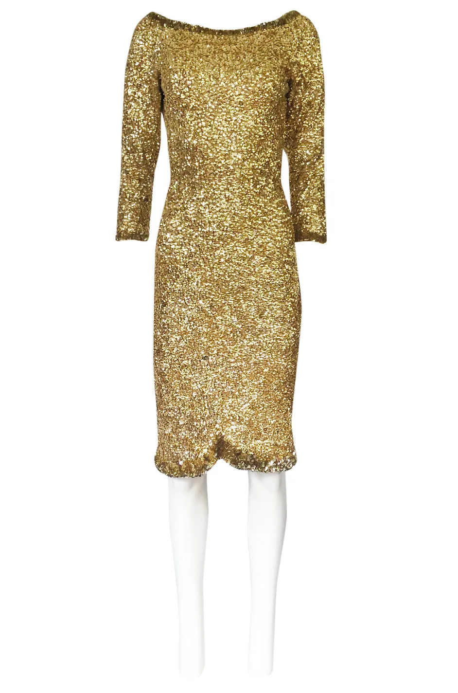 1960s Gene Shelly Gold Sequin w Paillette Detailing Stretch Knit Dress