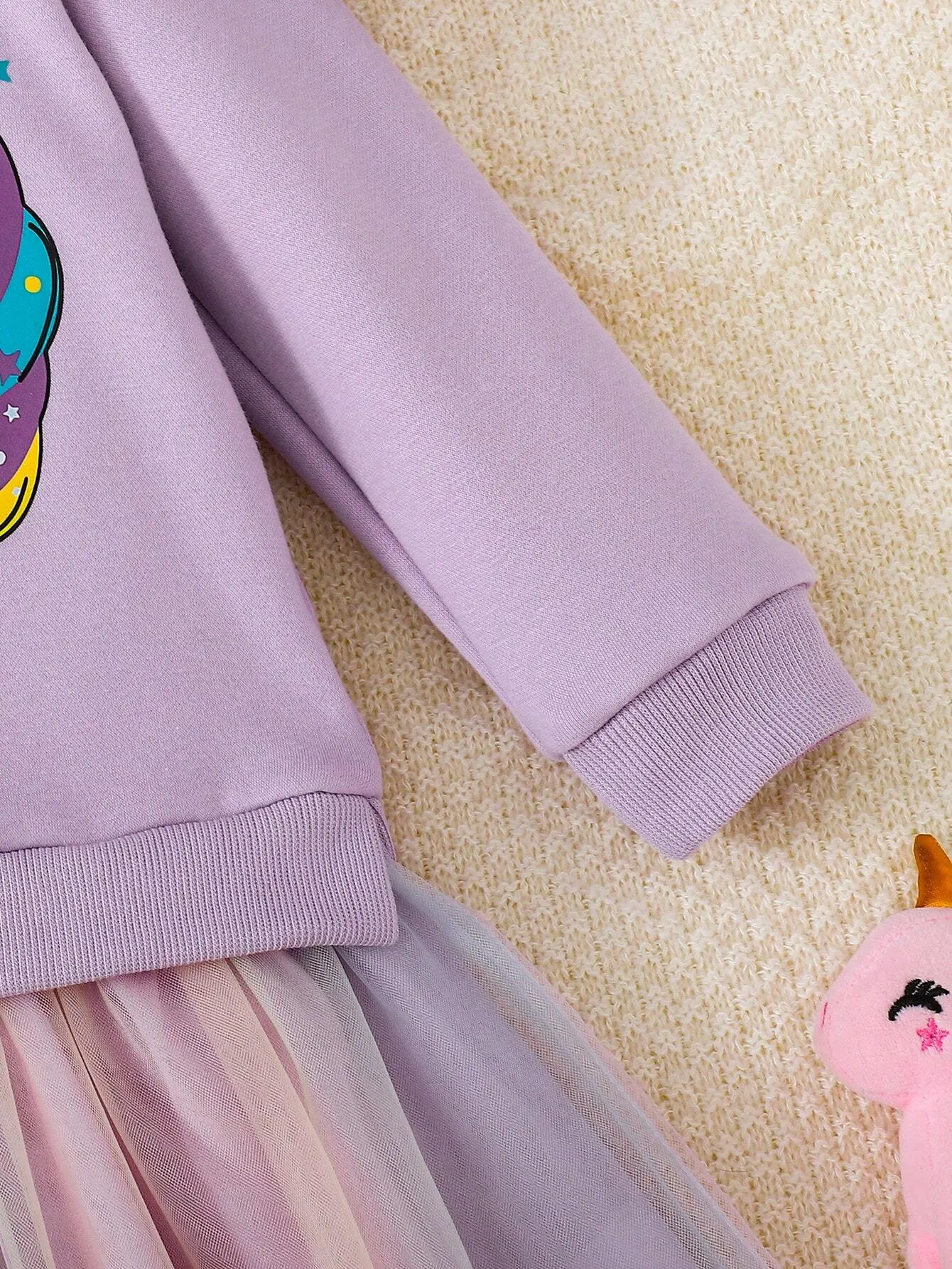 2-Piece Girls Unicorn Cartoon Graphic Long Sleeve Sweatshirt & Mesh Skirt Dress Set, Autumn/Winter New