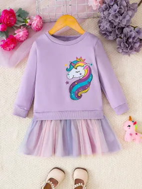 2-Piece Girls Unicorn Cartoon Graphic Long Sleeve Sweatshirt & Mesh Skirt Dress Set, Autumn/Winter New