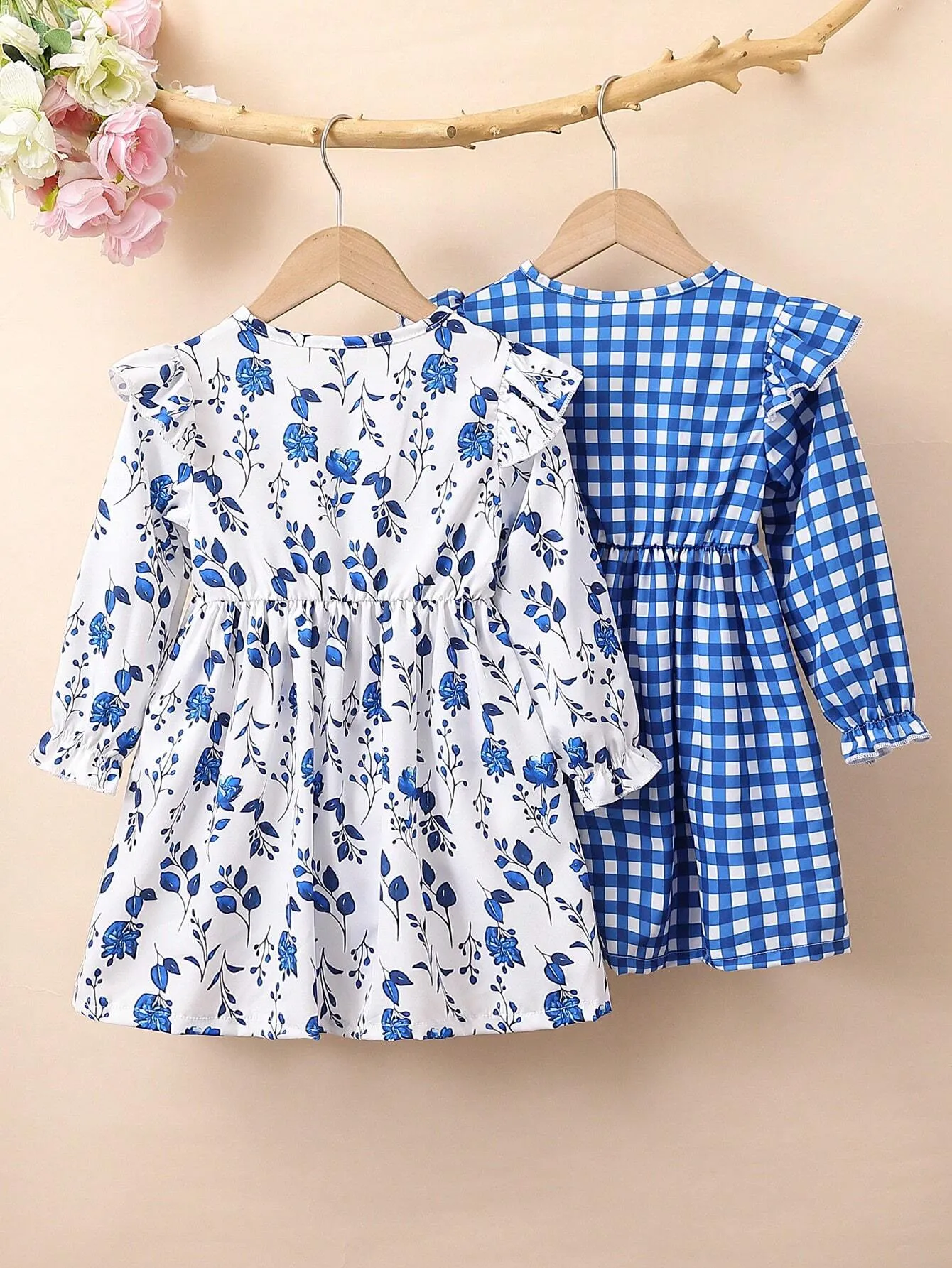 2pcs Casual Plaid & Floral Print Long Sleeve Button-Up Dress For Young Girls, Suitable For Summer, Outdoor, Leisure, Travel, Vacation, Party, Spring & Fall