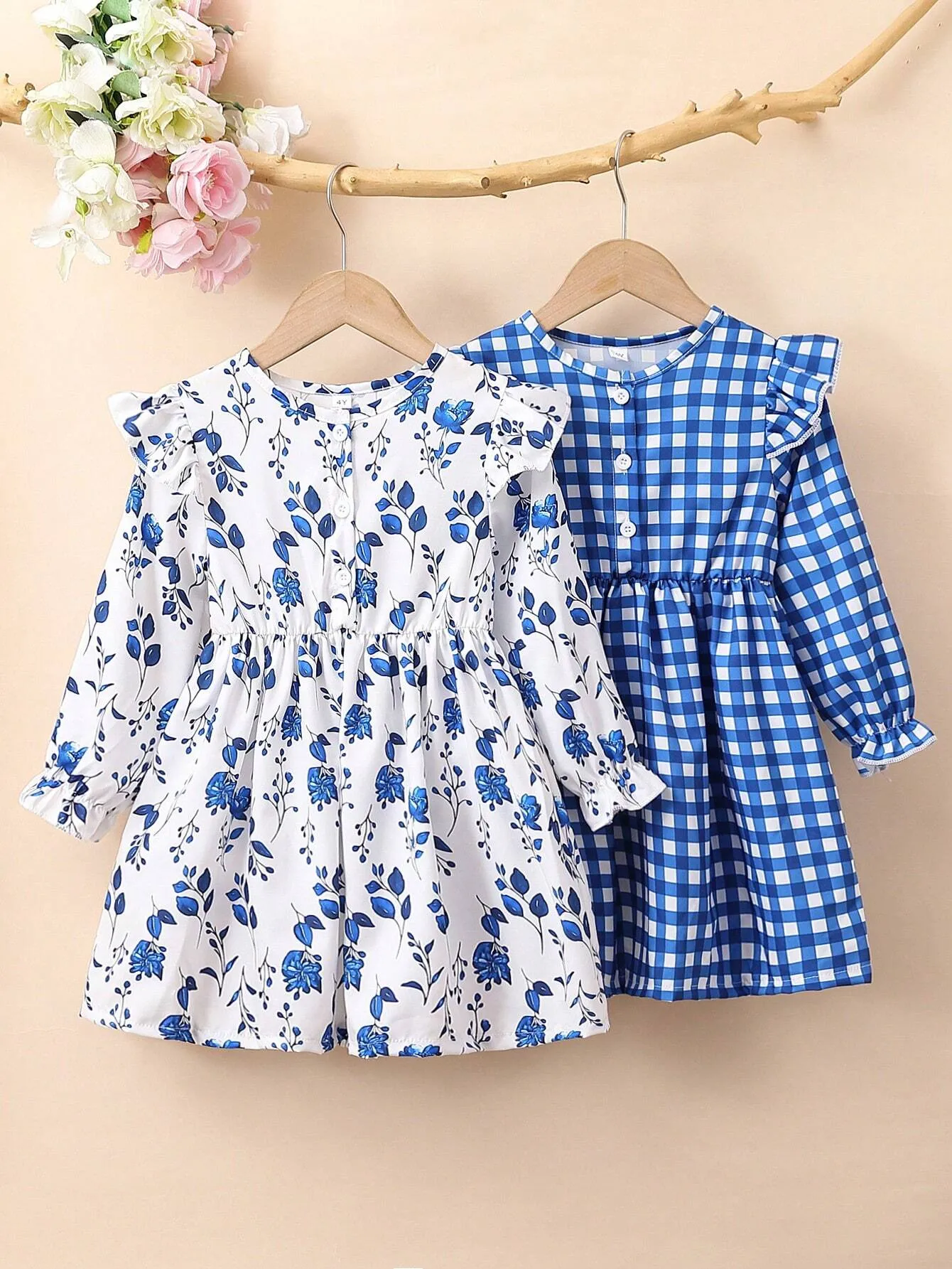 2pcs Casual Plaid & Floral Print Long Sleeve Button-Up Dress For Young Girls, Suitable For Summer, Outdoor, Leisure, Travel, Vacation, Party, Spring & Fall