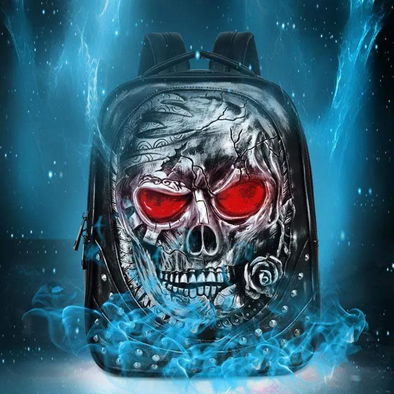 3D Studded Skull Backpack With Rose Laptop Computer Bags