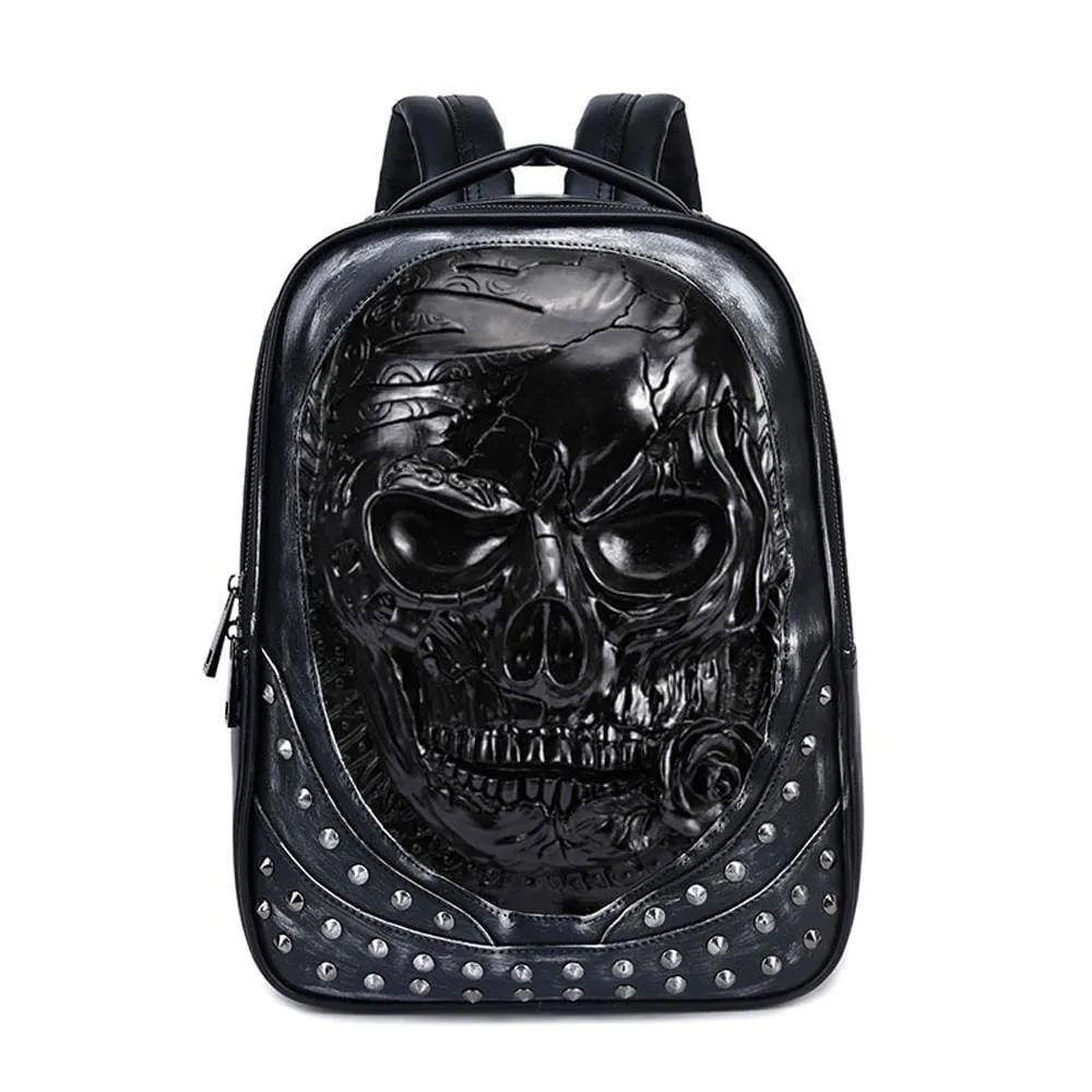 3D Studded Skull Backpack With Rose Laptop Computer Bags