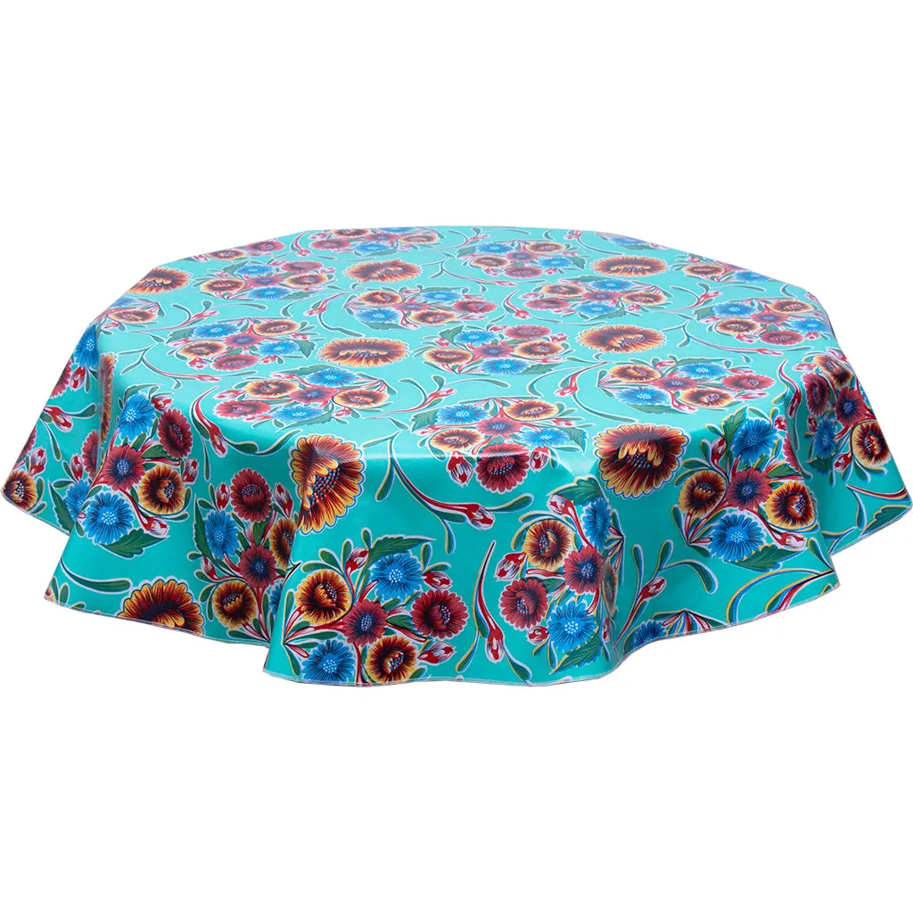 79" Round Oilcloth Tablecloth in Bloom Aqua