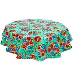 79" Round Oilcloth Tablecloth in Bloom Aqua