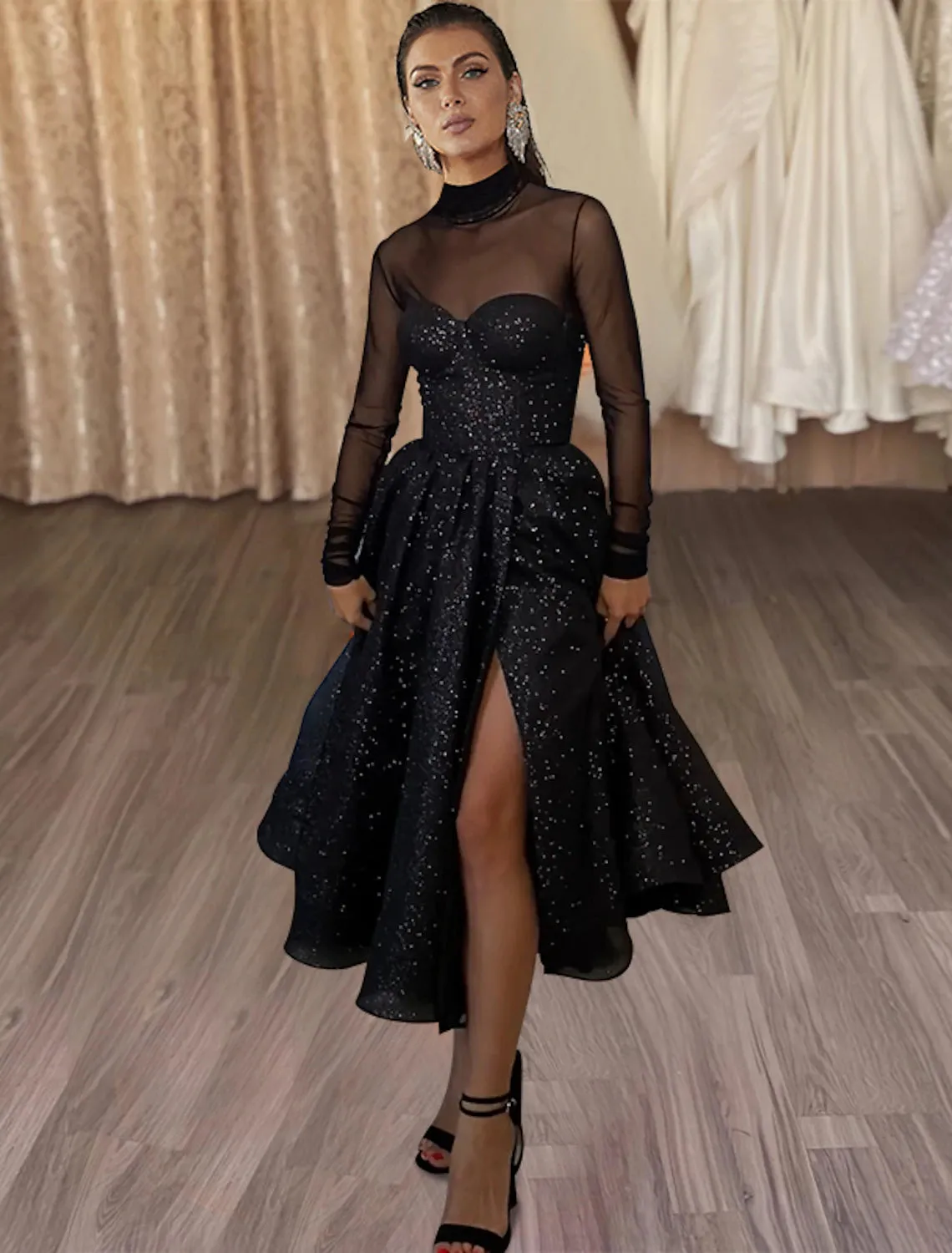 A-Line Cocktail Dresses Sparkle & Shine Dress Party Wear Wedding Party Tea Length Long Sleeve High Neck Wednesday Addams Family Tulle with Glitter Slit