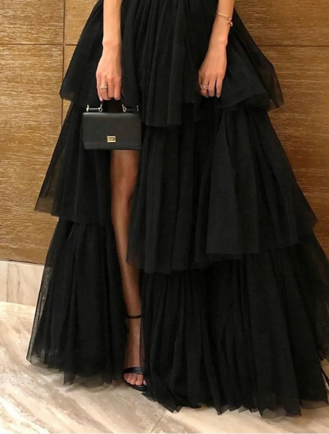 A-Line Evening Dress Black Dress Plus Size Tiered Plisse Dress Masquerade Prom Floor Length Sleeveless One Shoulder Gothic Tulle with Slit