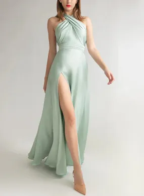 A-Line Halter Floor-Length Long Bridesmaid Dresses With Slit