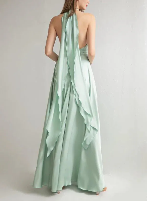 A-Line Halter Floor-Length Long Bridesmaid Dresses With Slit