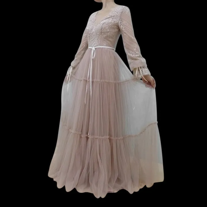 A Line V-neck Flowy Tulle Long Sleeves Floor Length Wedding Dress