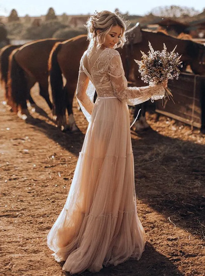 A Line V-neck Flowy Tulle Long Sleeves Floor Length Wedding Dress