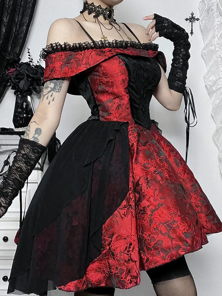 A-Line Vintage Off Shoulder Lace Trim Floral Medieval Steampunk Halloween Dress