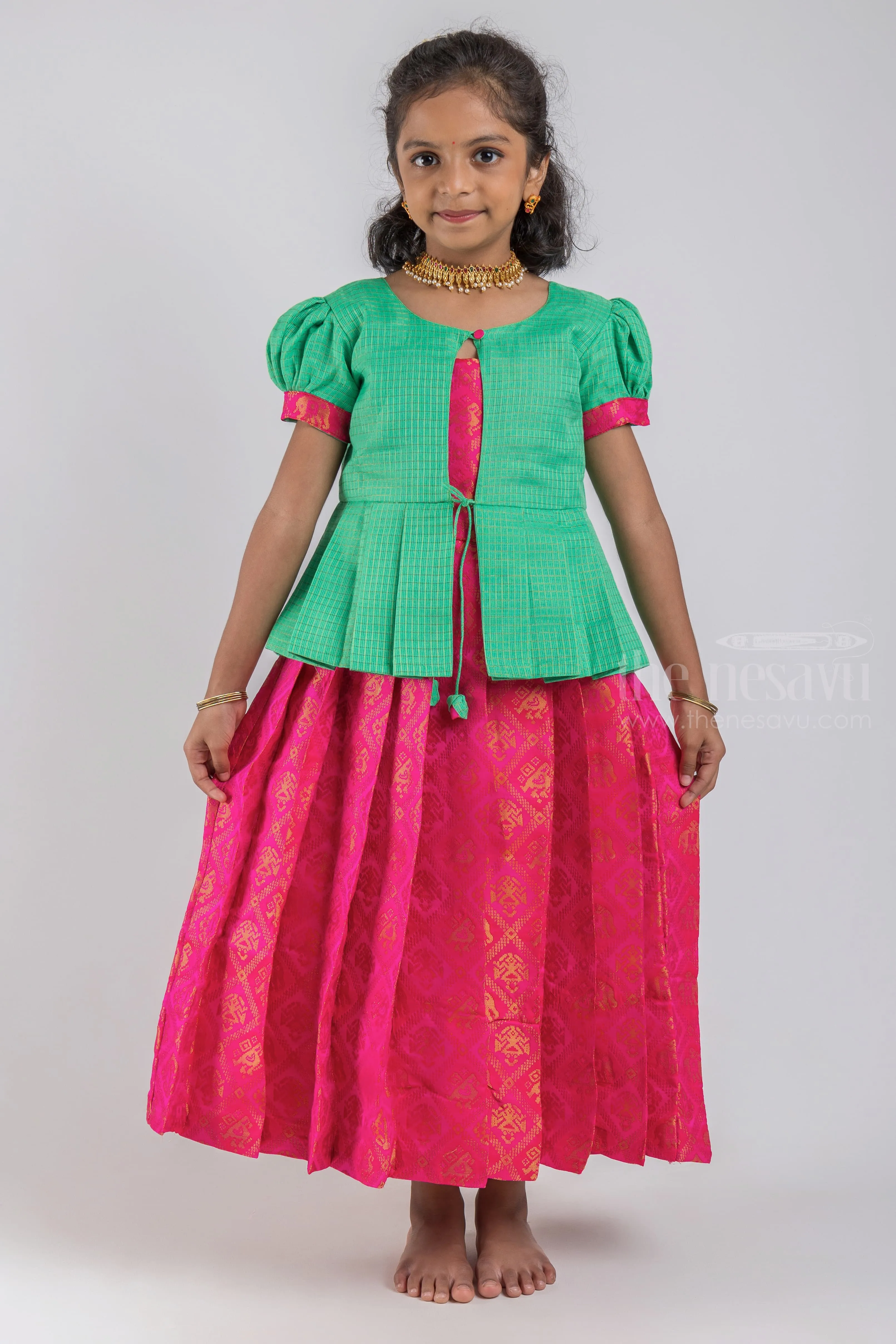 Adorable Green Silk Blouse And Pink Pleated Designer Silk Skirt For Girls