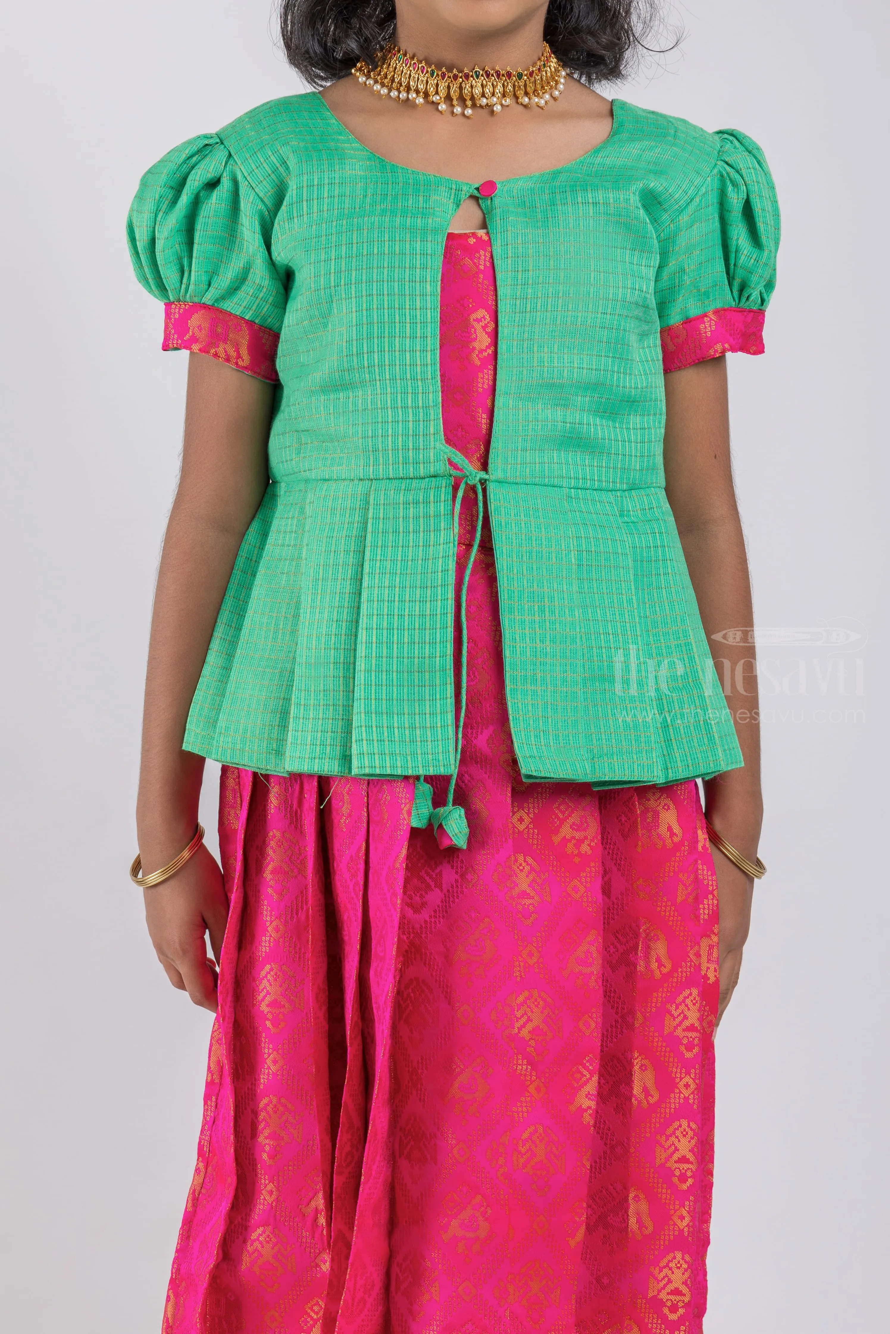 Adorable Green Silk Blouse And Pink Pleated Designer Silk Skirt For Girls