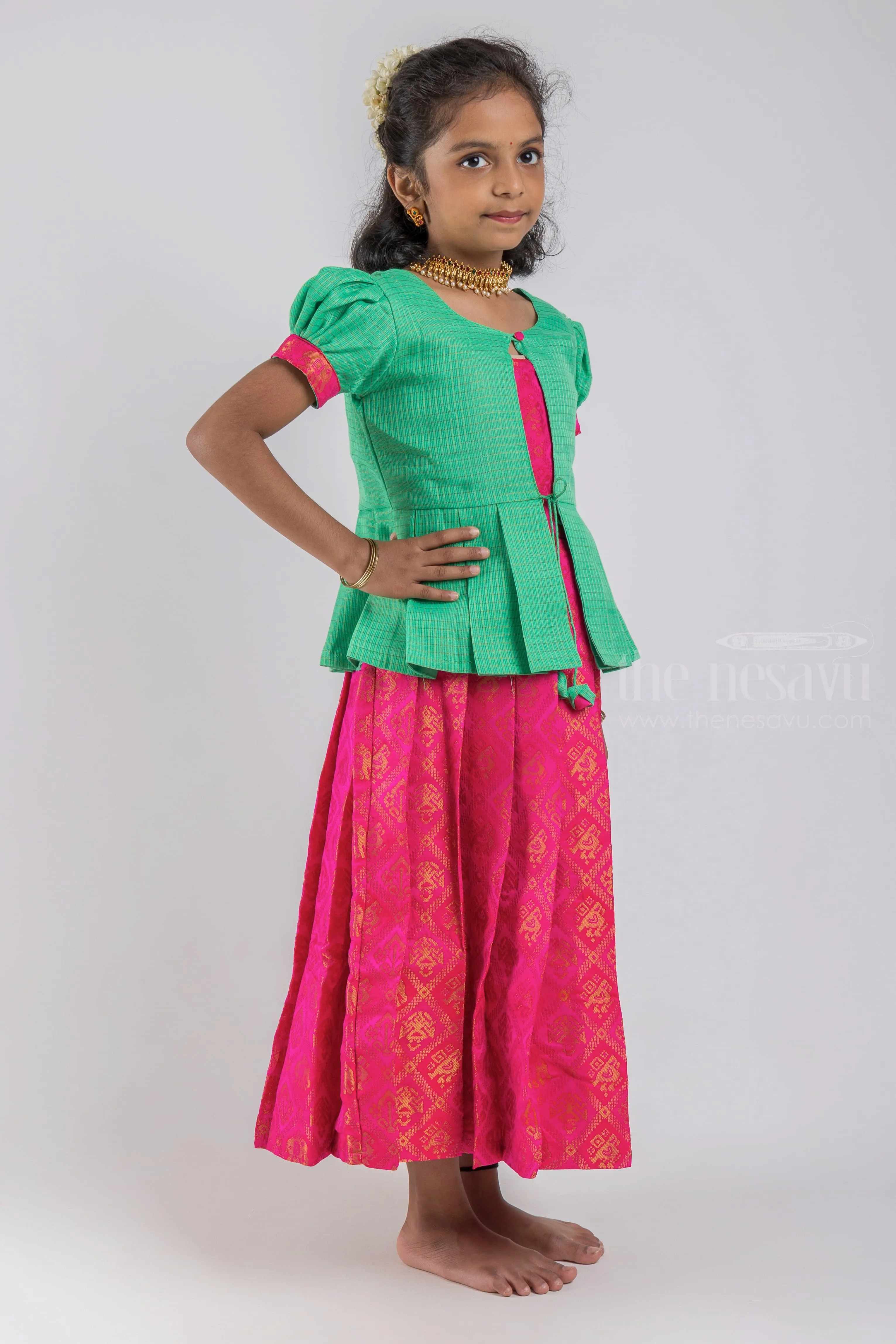 Adorable Green Silk Blouse And Pink Pleated Designer Silk Skirt For Girls