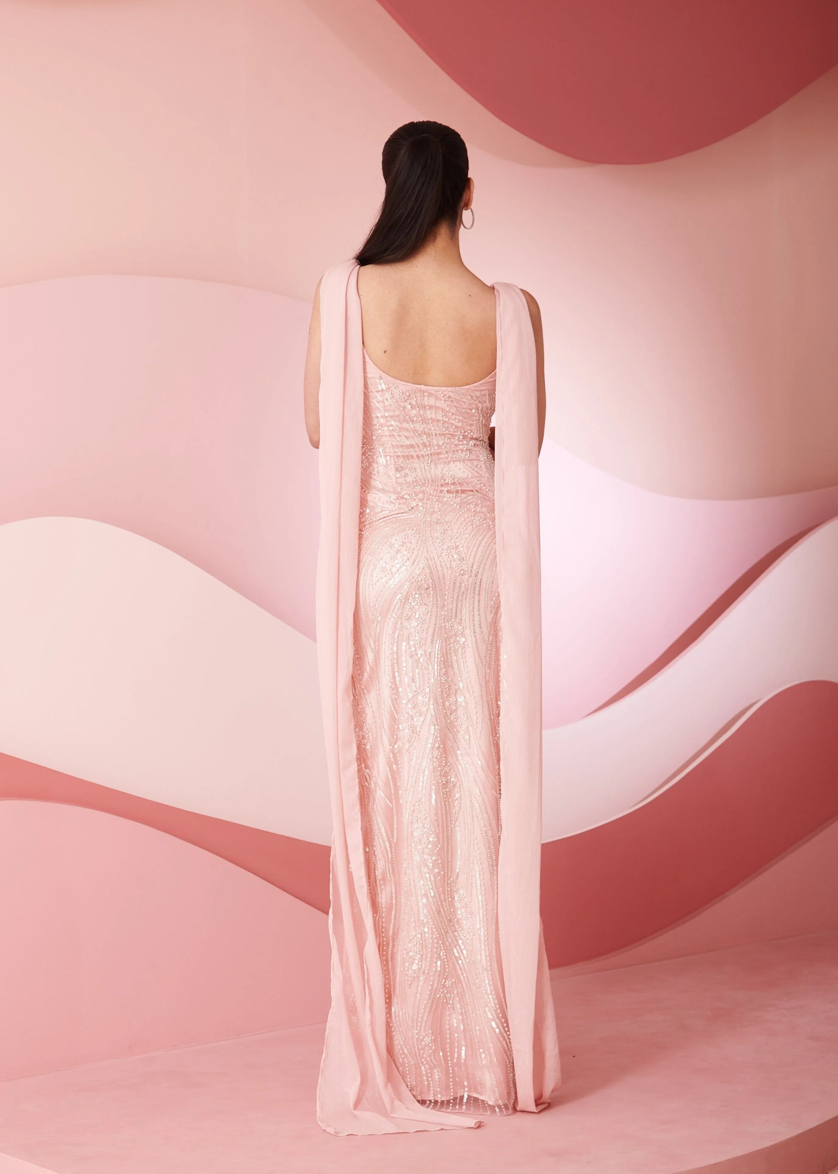 Ailani Baby Pink Embroidered Slit Gown