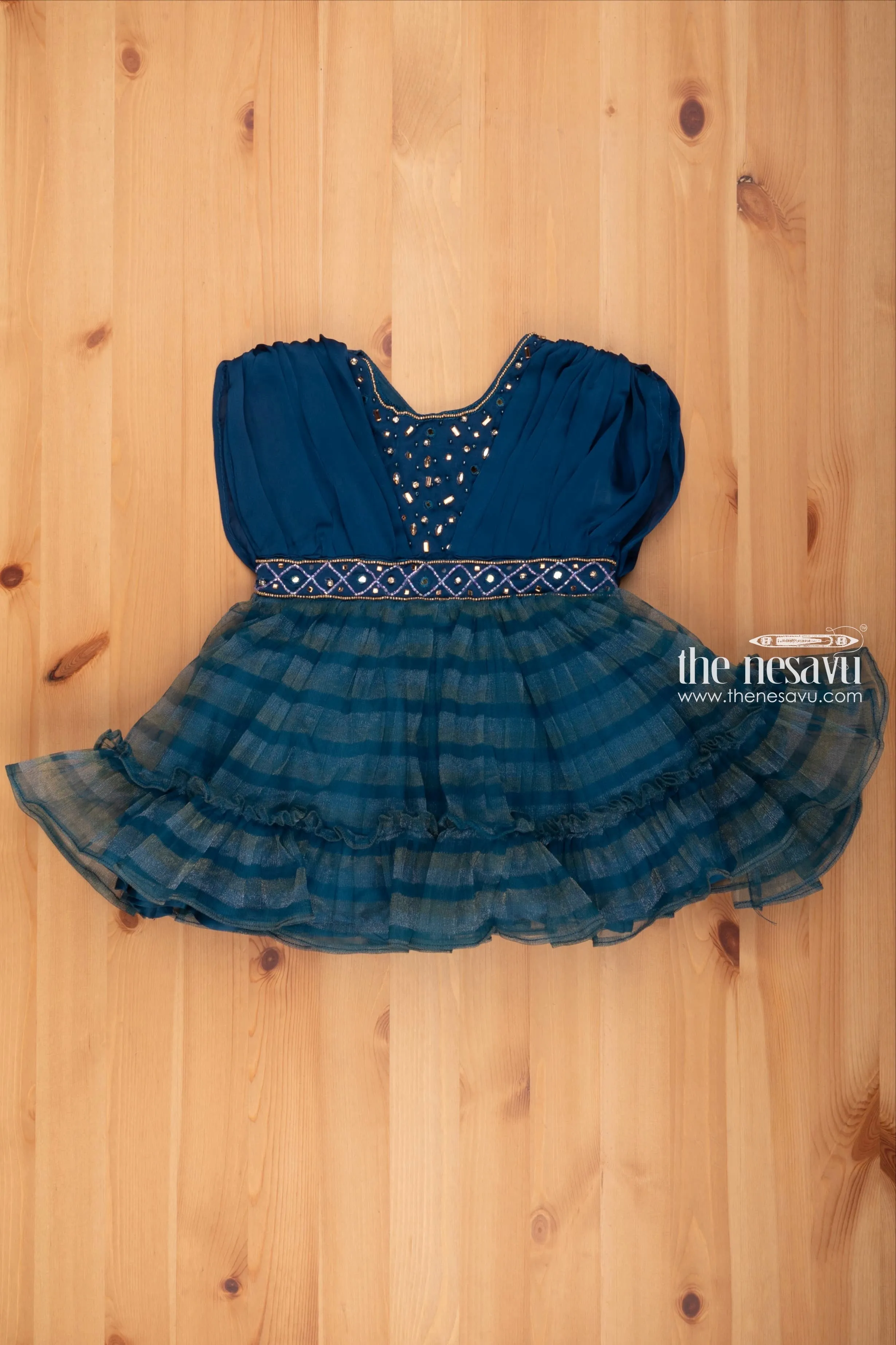 AQF. Dazzling Blue Gala Frock for Girls: Adorned with Rhinestones & Reflective Mirror Accents