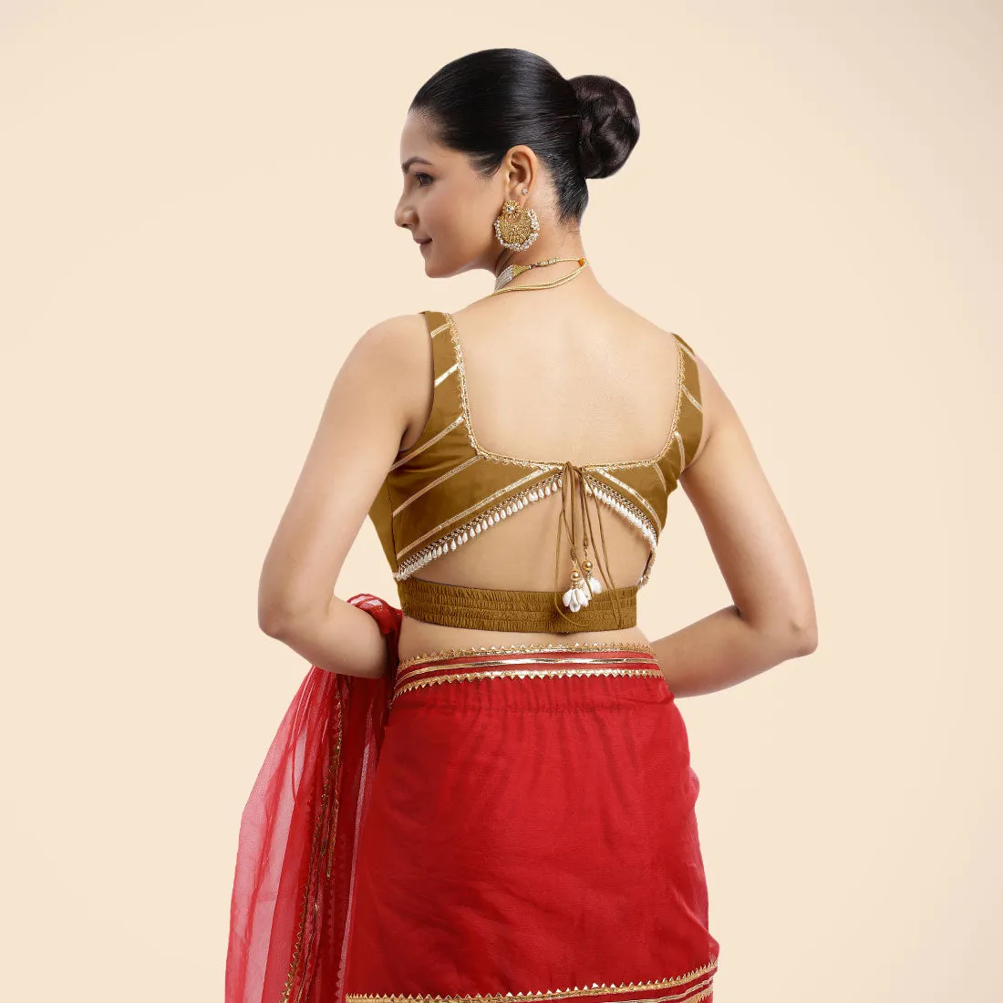 Arya x Tyohaar | Bronze Gold Sleeveless FlexiFit™ Saree Blouse with Square Neck and Back Window Embeliished with Golden Gota and Pearl Lace