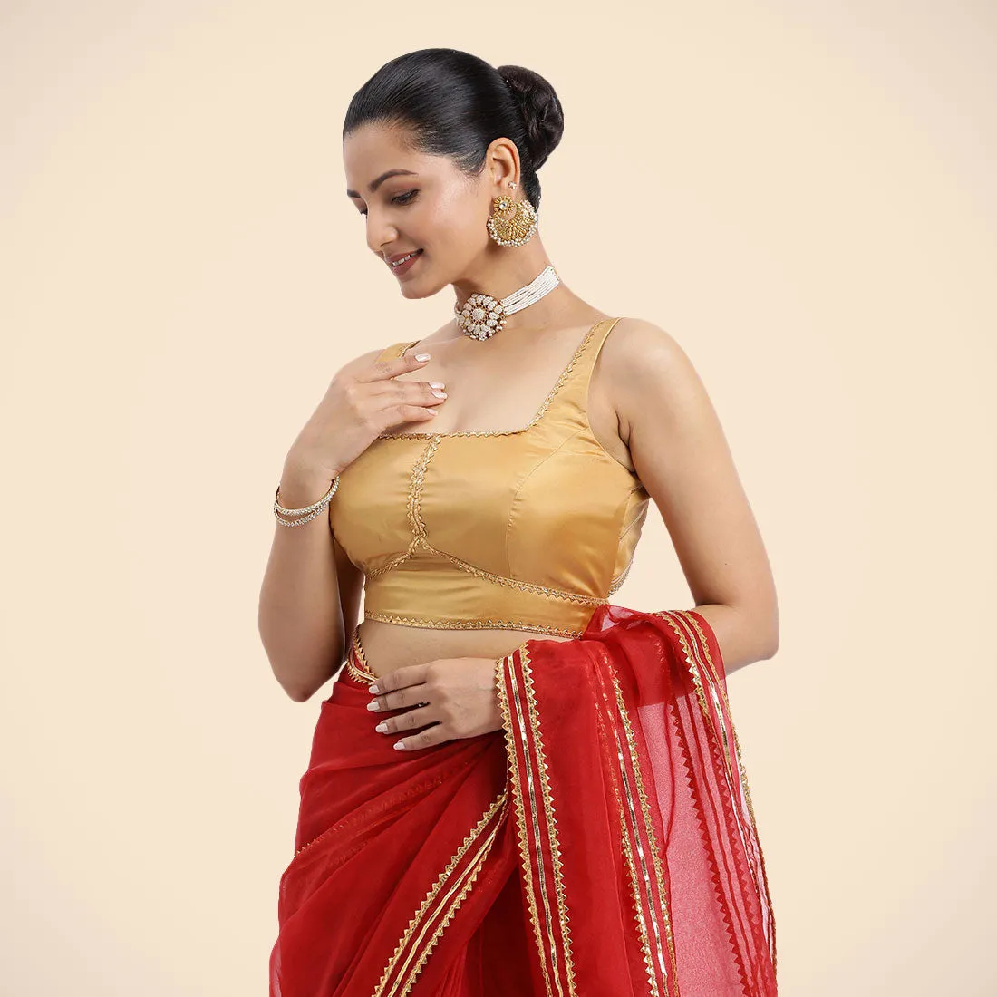 Arya x Tyohaar | Gold Sleeveless FlexiFit™ Saree Blouse with Square Neck and Back Window Embeliished with Golden Gota and Pearl Lace