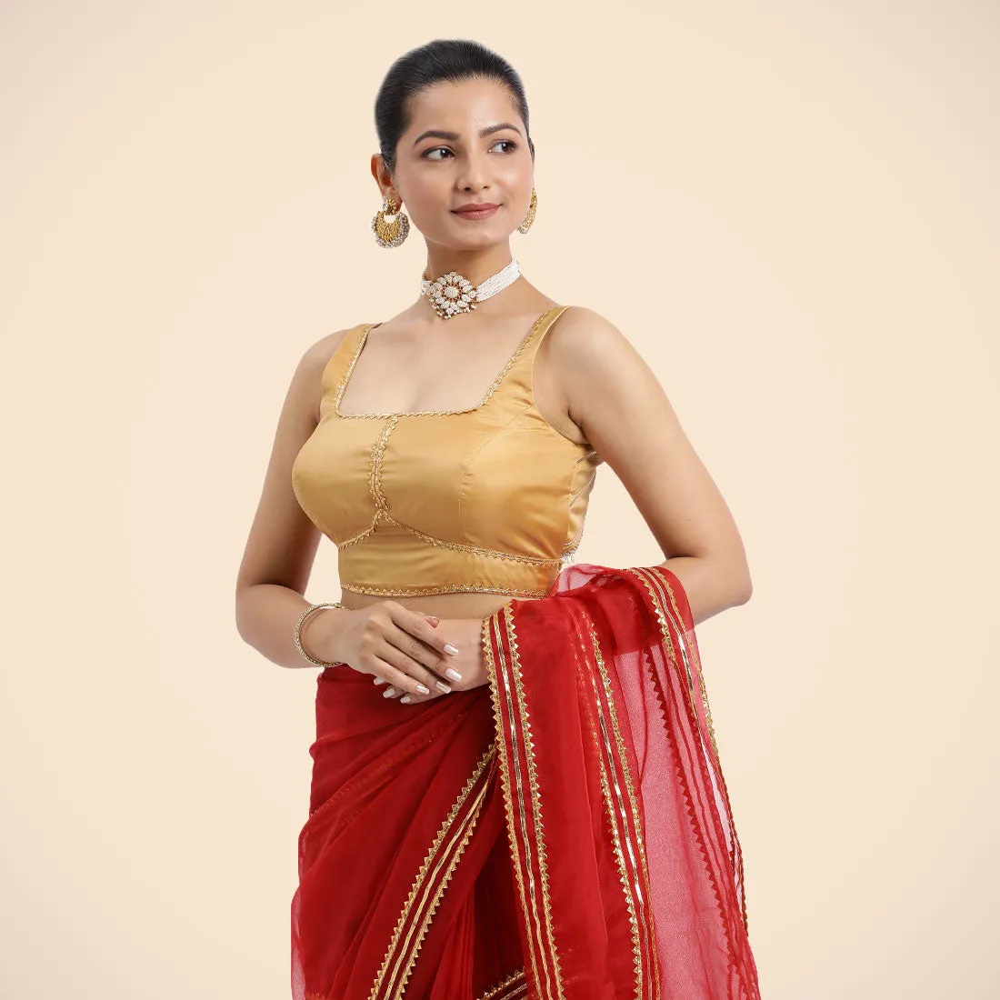 Arya x Tyohaar | Gold Sleeveless FlexiFit™ Saree Blouse with Square Neck and Back Window Embeliished with Golden Gota and Pearl Lace