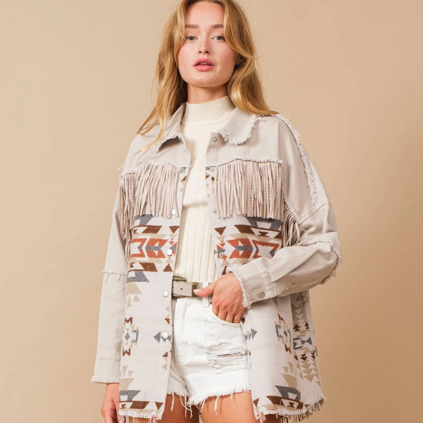 Aztec Contrast Frayed Shirt Jacket