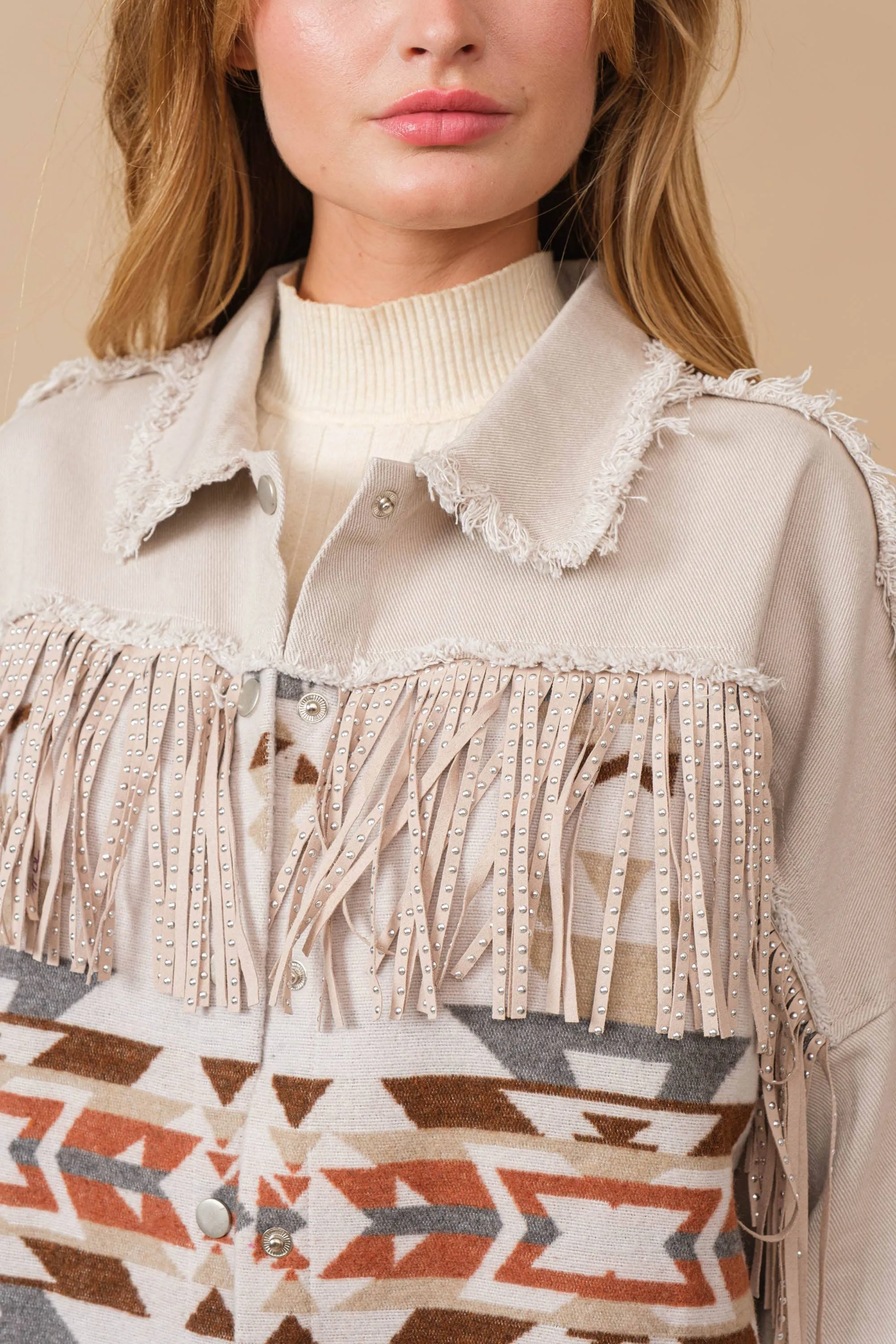 Aztec Contrast Frayed Shirt Jacket