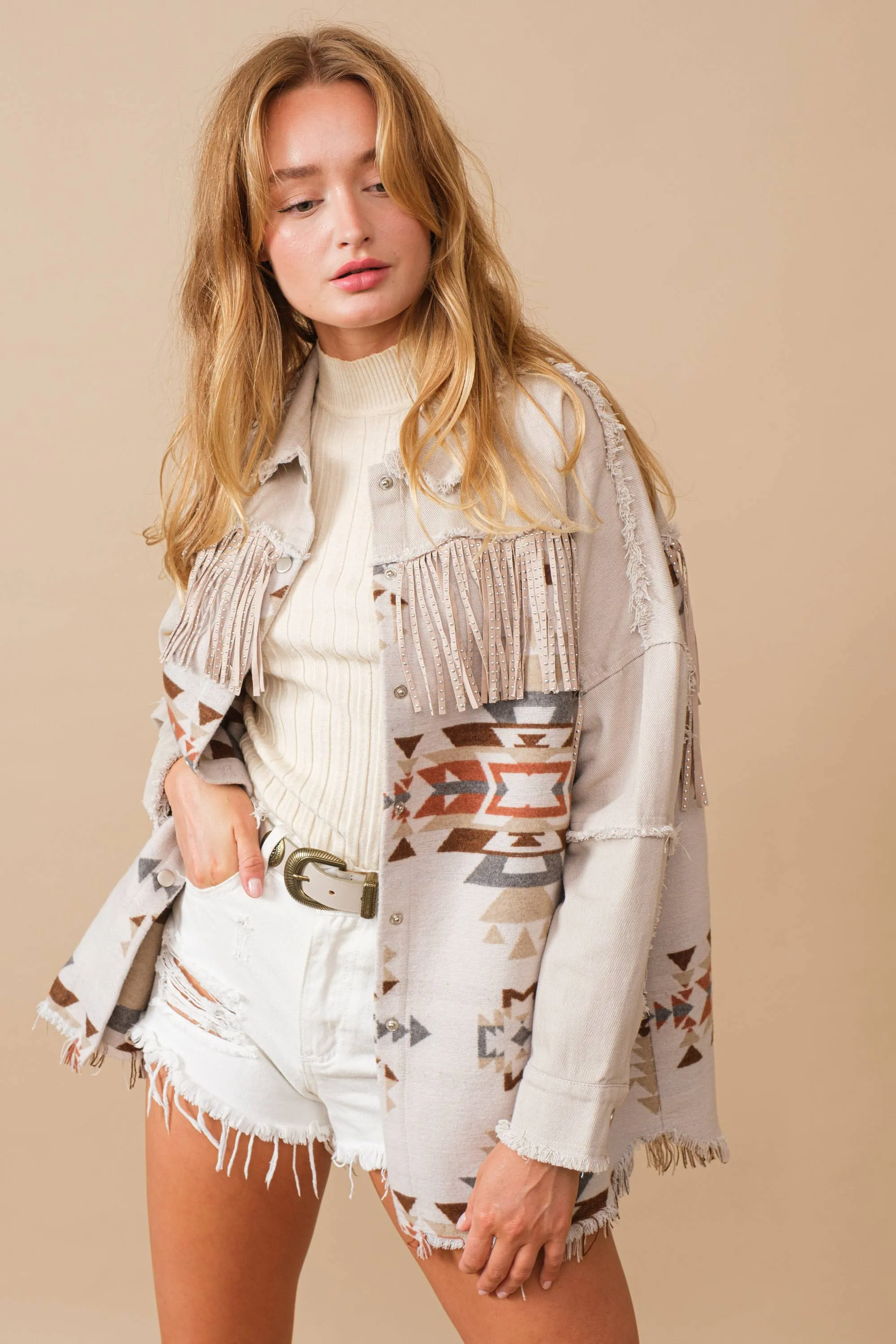 Aztec Contrast Frayed Shirt Jacket