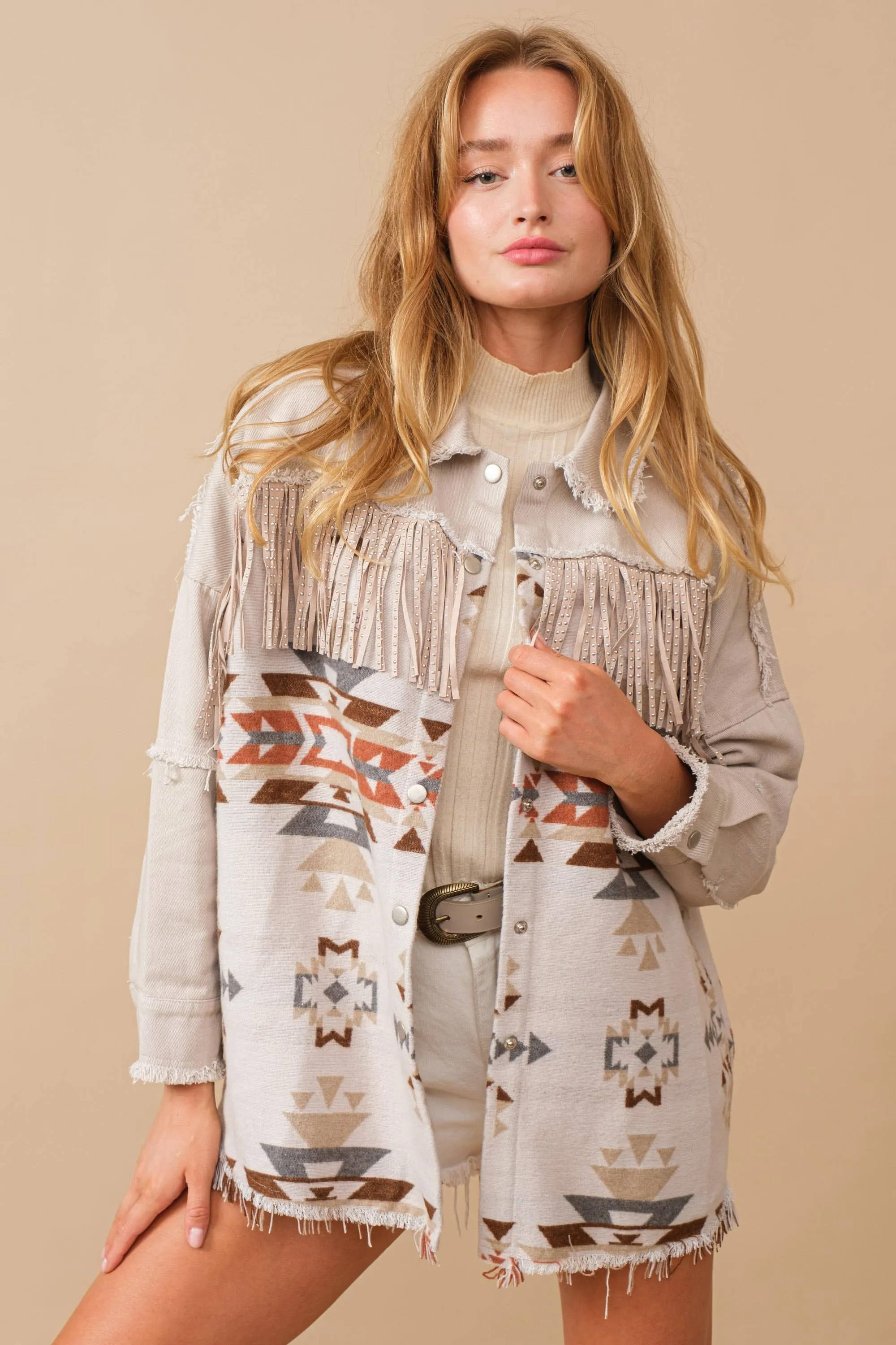 Aztec Contrast Frayed Shirt Jacket