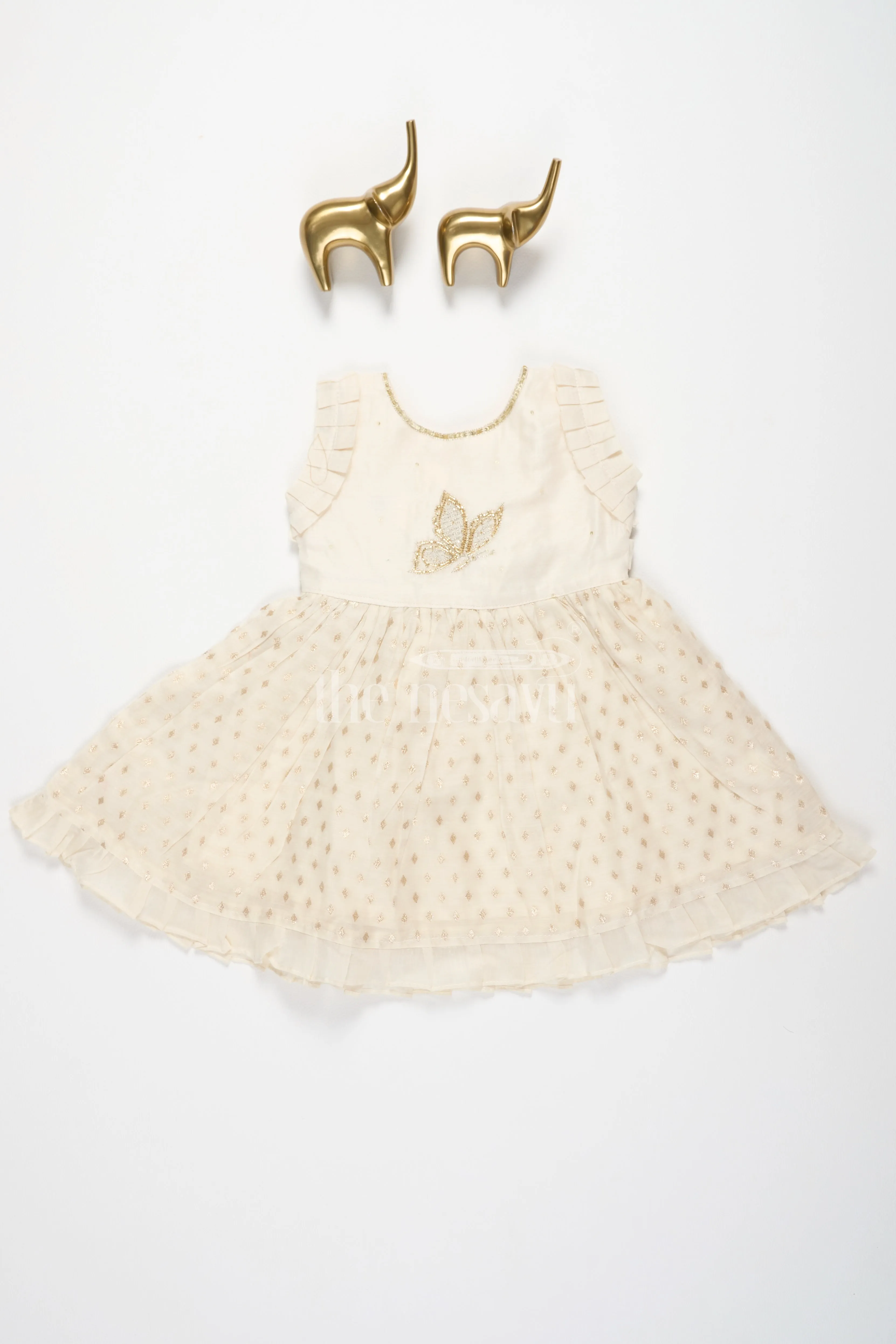 Baby Fancy Frock in Cream with Golden Accents and Ruffled Sleeves