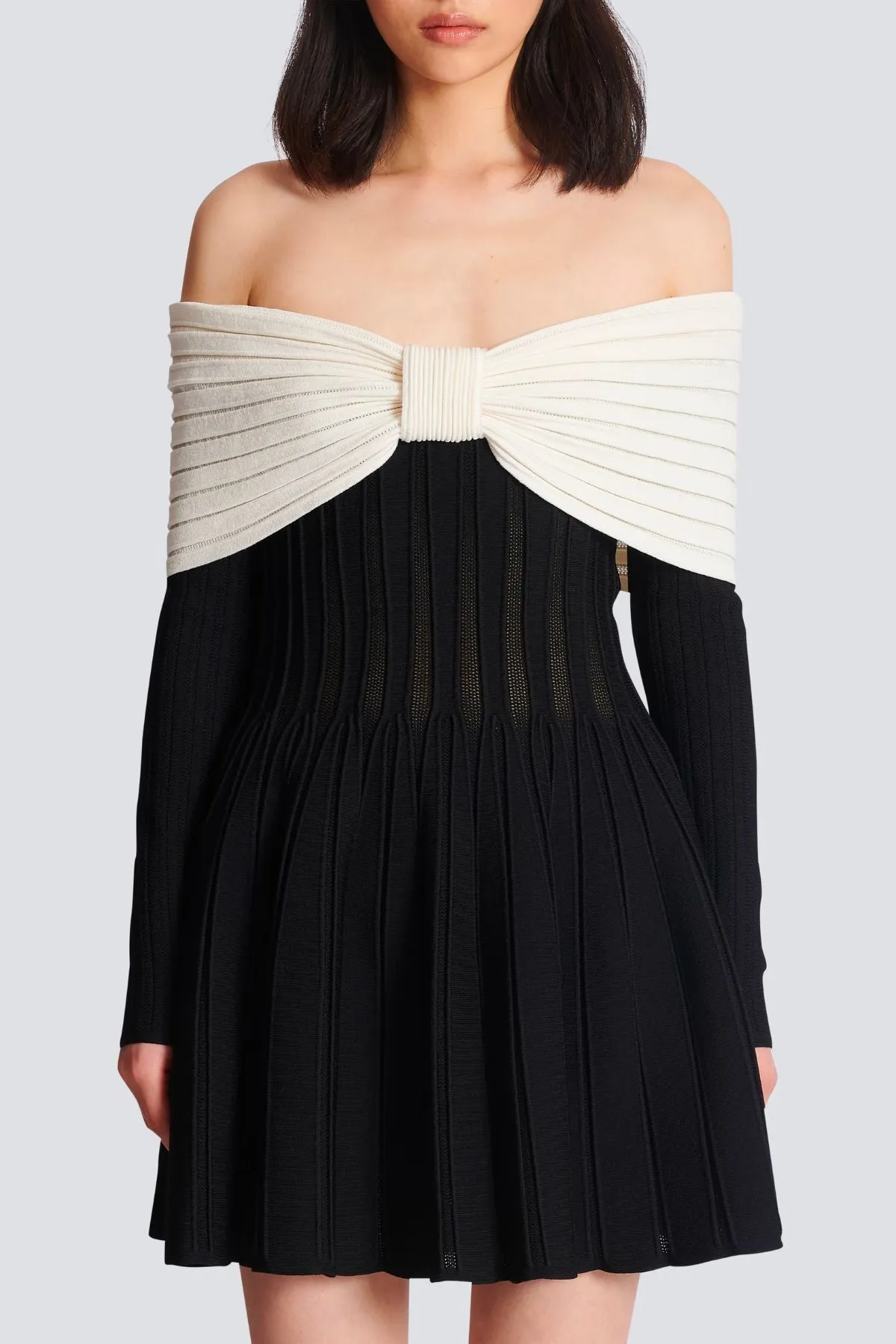 Balmain Off The Shoulder Knit Mini Dress - Black/ White