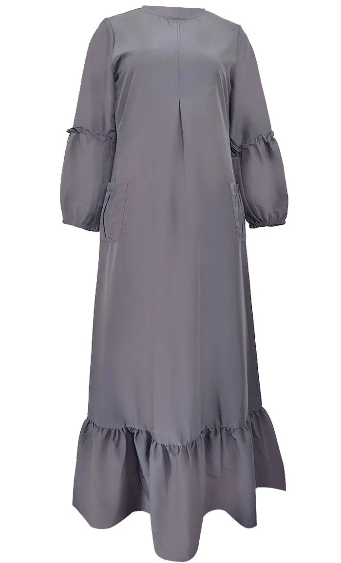 Basic Grey Kashibo Ruffle Detailing Sleeves Abaya