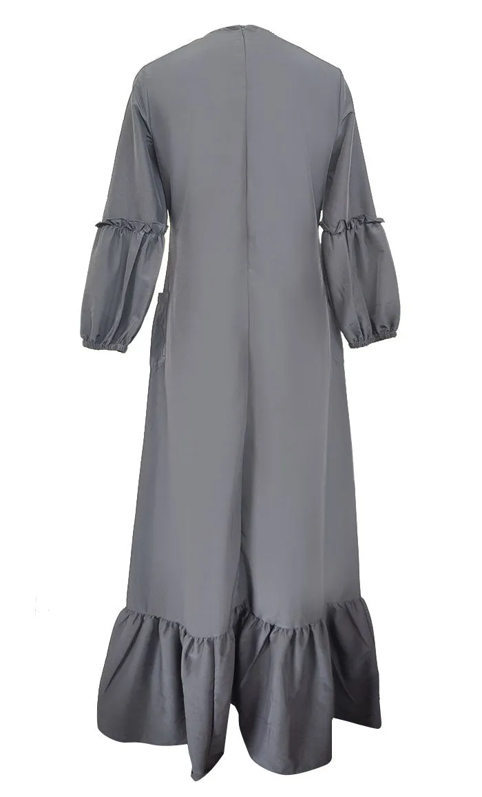 Basic Grey Kashibo Ruffle Detailing Sleeves Abaya