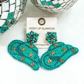 Beaded Cowboy Hat Earrings with Gold Stars in Turquoise