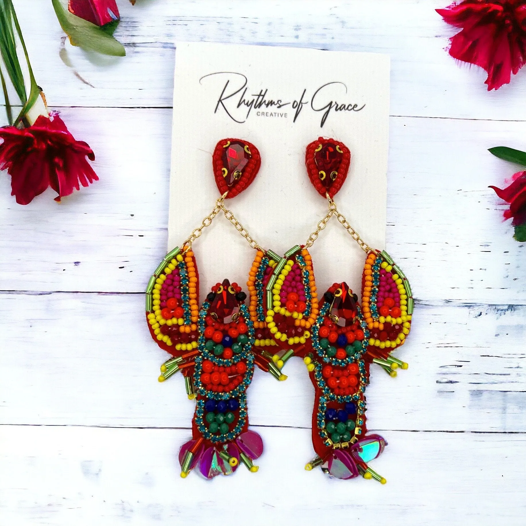 Beaded Crawfish Earrings - Beaded Earrings, Mardi Gras, New Orleans, Lobster Earrings, Mardi Gras Accessories, Cajun Earrings, Crawdaddy