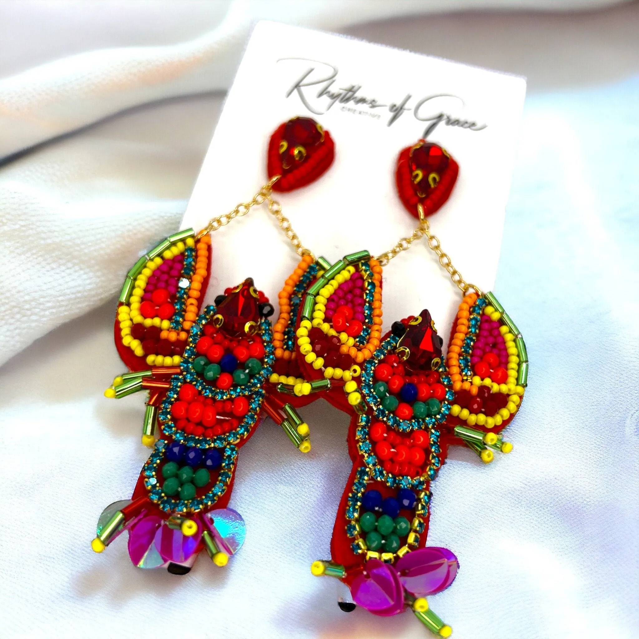 Beaded Crawfish Earrings - Beaded Earrings, Mardi Gras, New Orleans, Lobster Earrings, Mardi Gras Accessories, Cajun Earrings, Crawdaddy