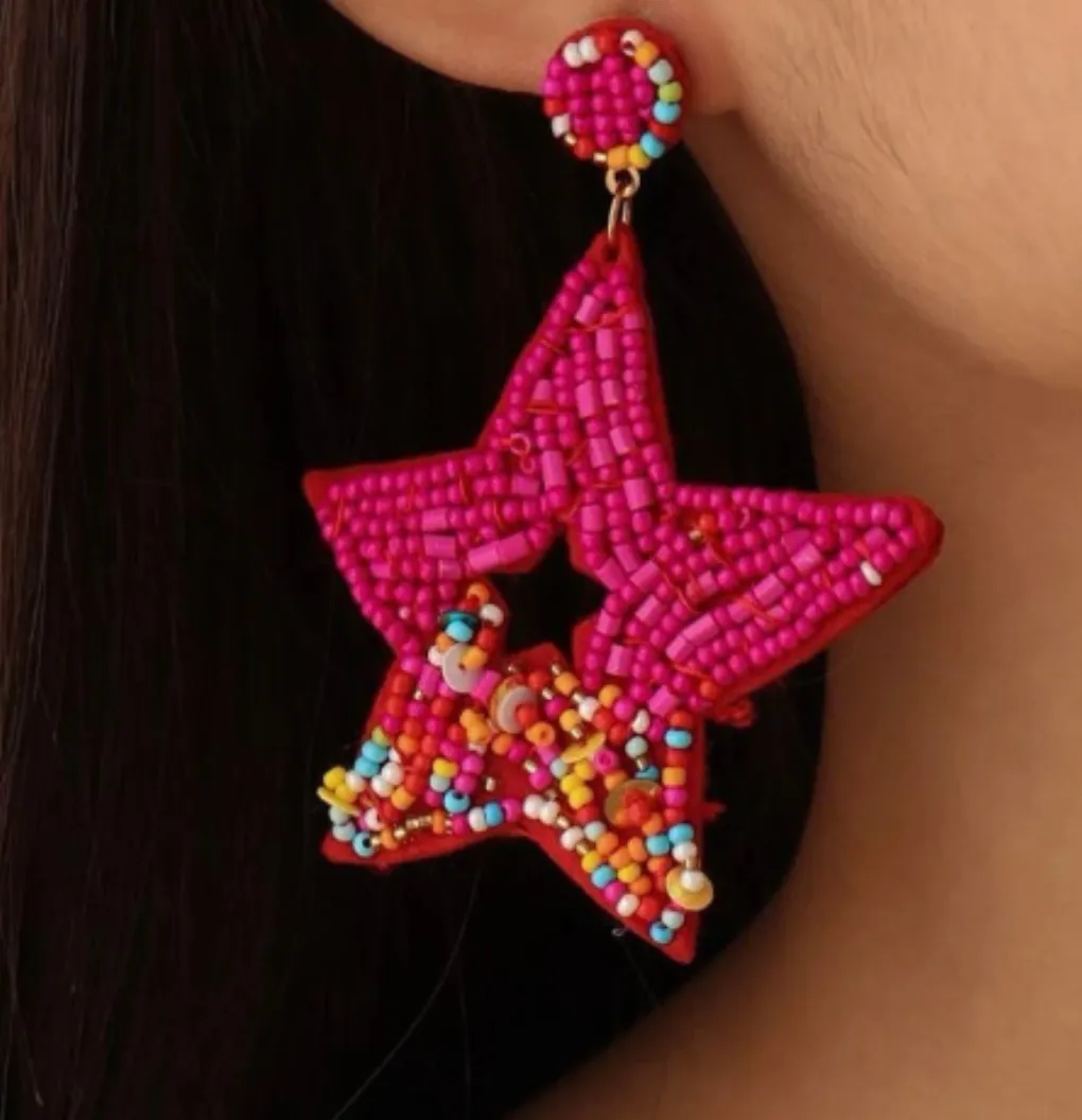 Beaded Star Earrings - Vacation Earrings, Pink Earrings, Beaded Earrings, Beaded Jewelry, Star Accessories, Summer Accessories, Pink Jewelry