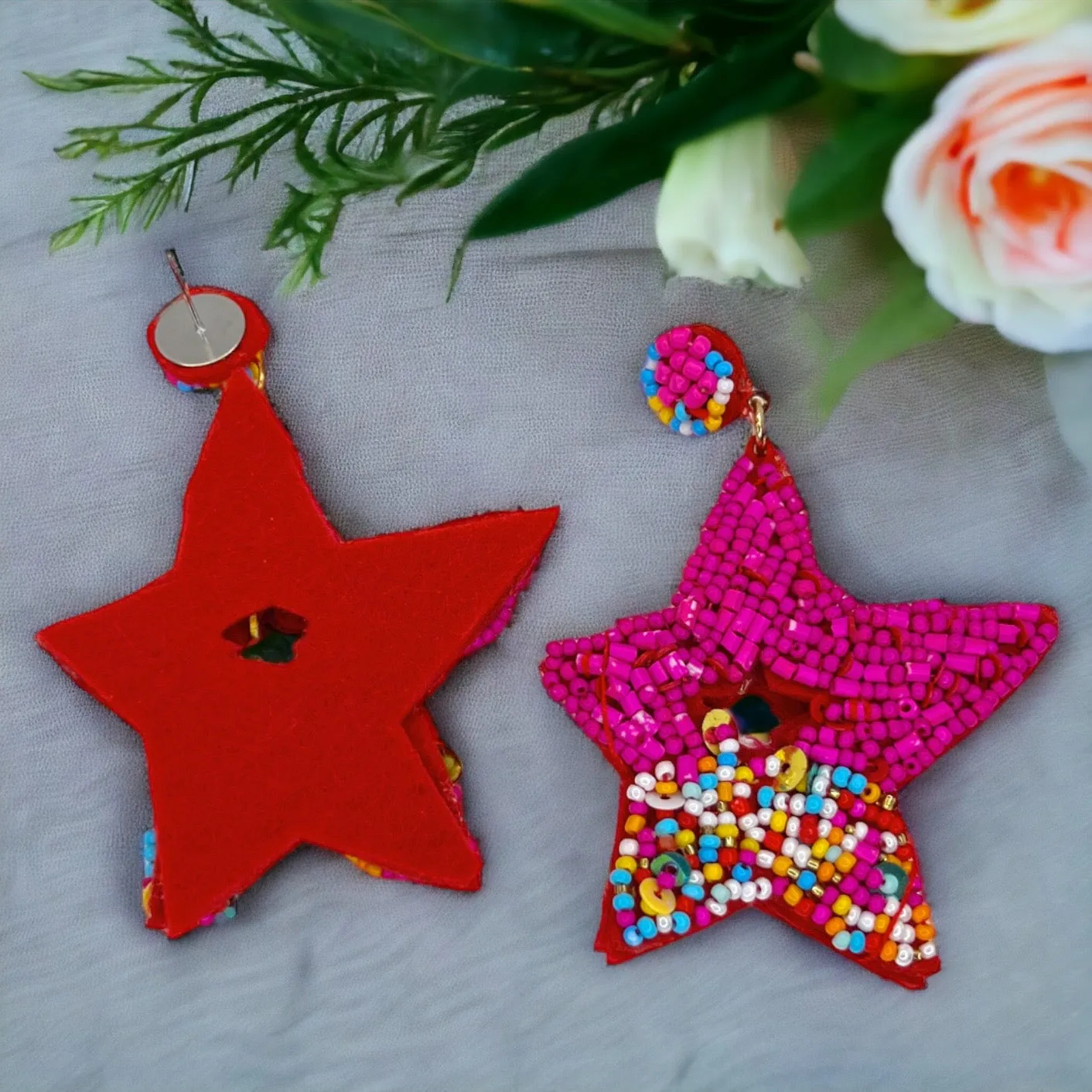 Beaded Star Earrings - Vacation Earrings, Pink Earrings, Beaded Earrings, Beaded Jewelry, Star Accessories, Summer Accessories, Pink Jewelry