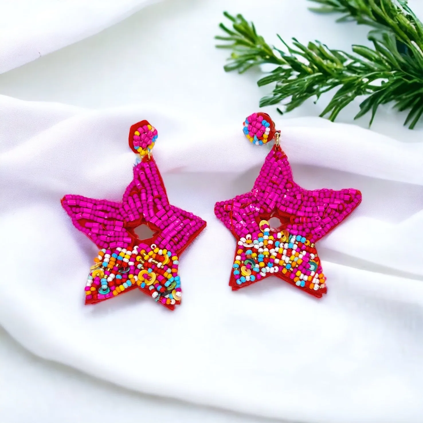 Beaded Star Earrings - Vacation Earrings, Pink Earrings, Beaded Earrings, Beaded Jewelry, Star Accessories, Summer Accessories, Pink Jewelry