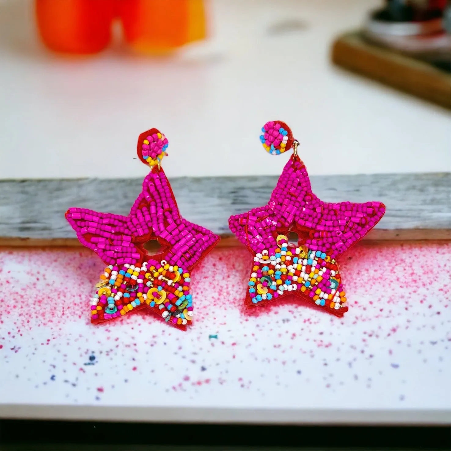 Beaded Star Earrings - Vacation Earrings, Pink Earrings, Beaded Earrings, Beaded Jewelry, Star Accessories, Summer Accessories, Pink Jewelry